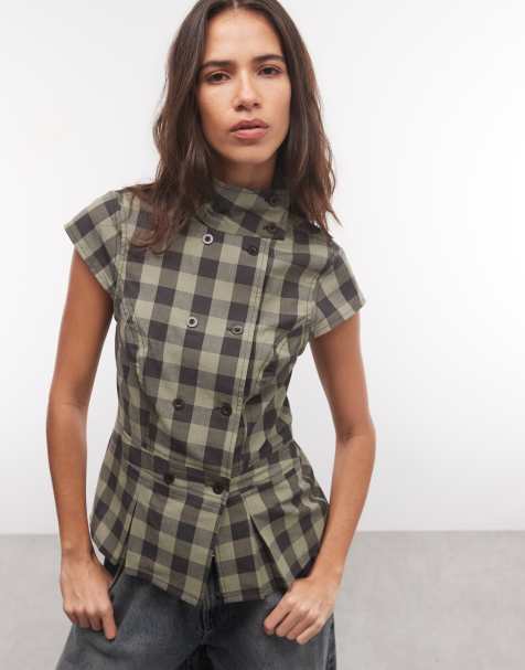 COLLUSION funnel neck cap sleeve shirt in olive gingham - view 1