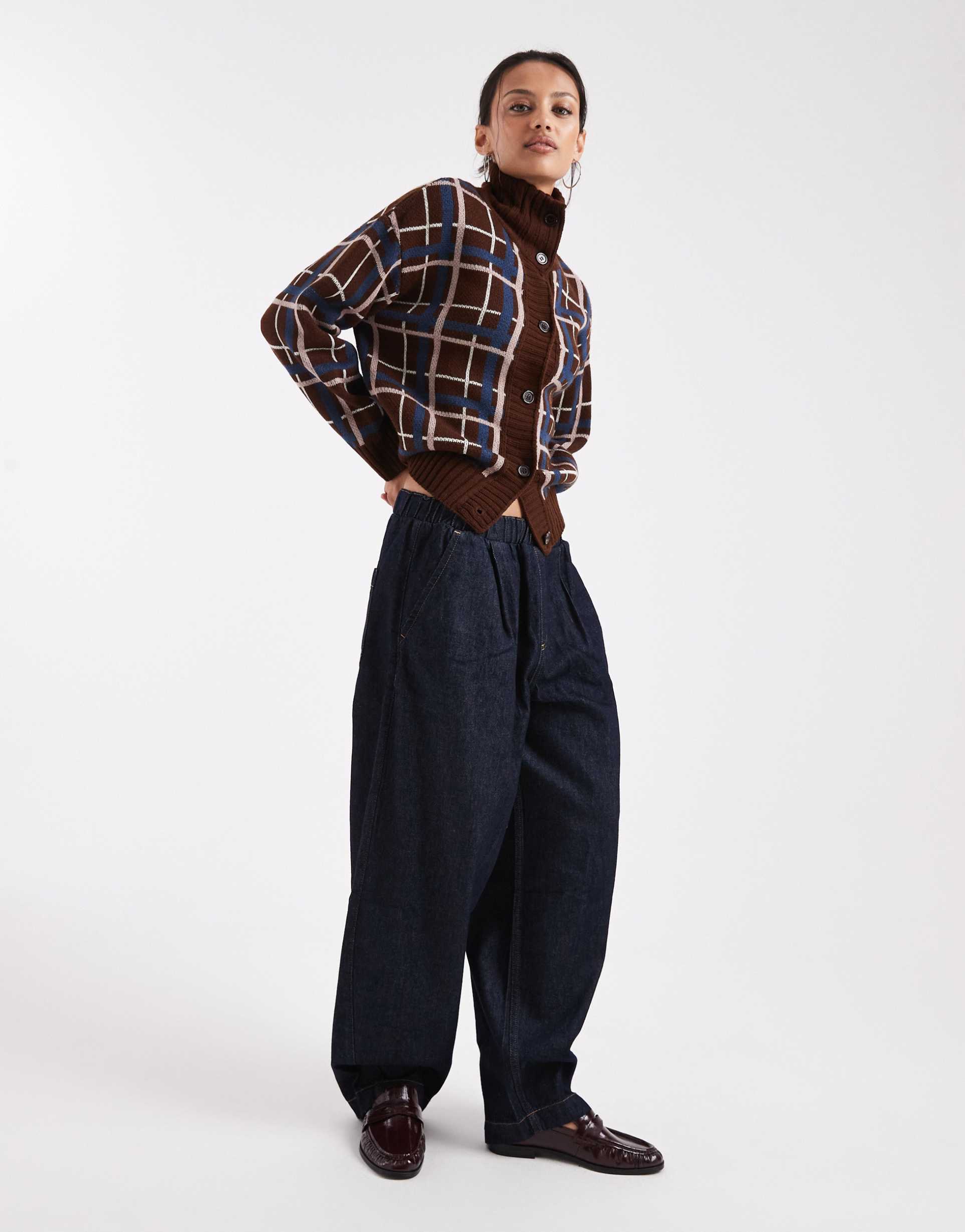 collusion funnel neck check button down sweater in brown