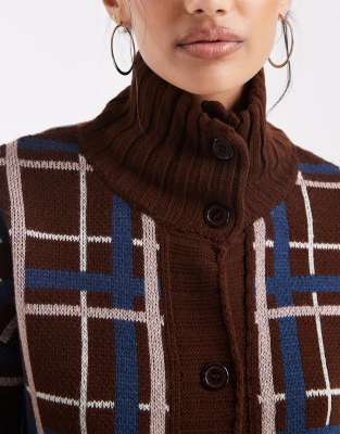 Collusion Funnel Neck Check Button Down Sweater In Brown