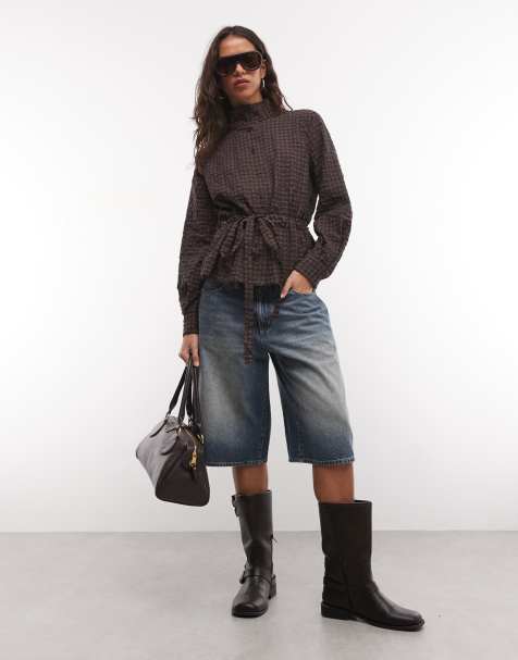 COLLUSION funnel neck cinched waist oversized shirt in brown - view 1