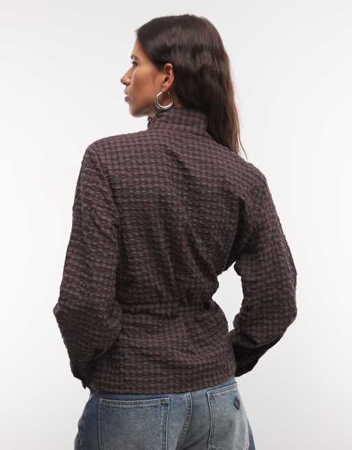 COLLUSION funnel neck cinched waist oversized shirt in brown, 4 of 4