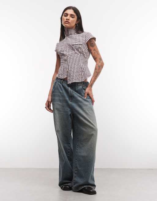 COLLUSION funnel neck fitted shirt in pink plaid, 2 of 4
