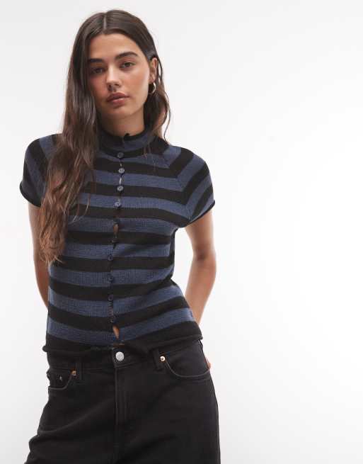 COLLUSION funnel neck knit cardigan in blue striped print, 3 of 4