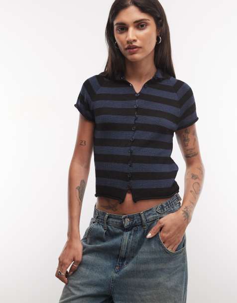 COLLUSION funnel neck knitted cardigan in blue stripe - view 1