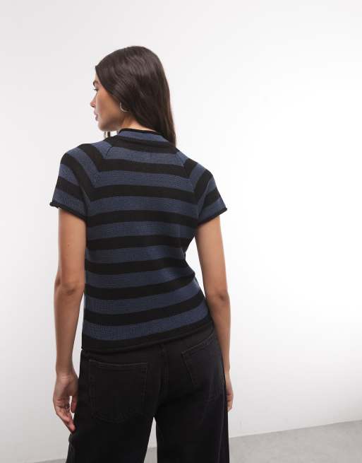 COLLUSION funnel neck knitted cardigan in blue stripe, 4 of 4