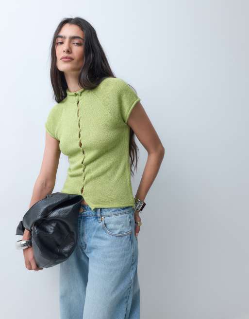COLLUSION funnel neck knitted cardigan in green, 3 of 9