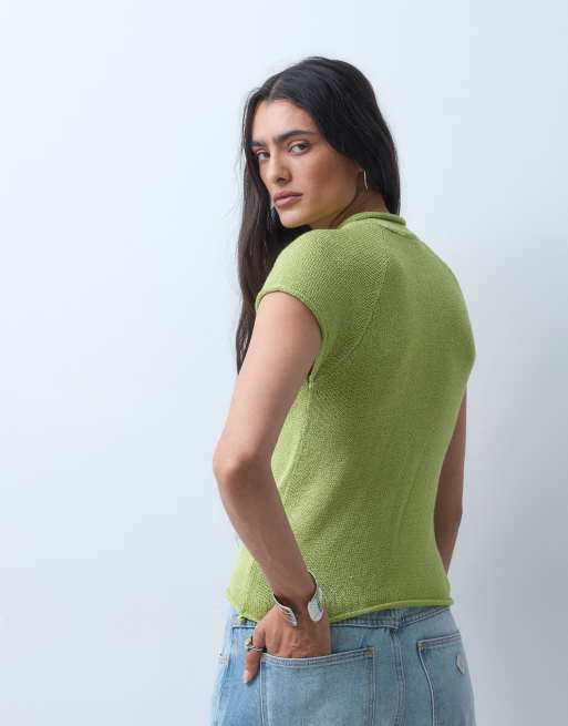 COLLUSION funnel neck knitted cardigan in green, 4 of 9