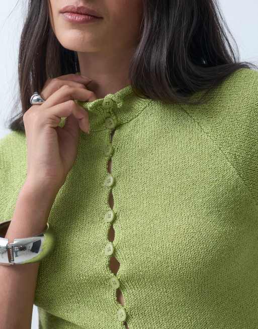 COLLUSION funnel neck knitted cardigan in green, 5 of 9