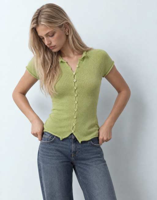 COLLUSION funnel neck knitted cardigan in green, 7 of 9