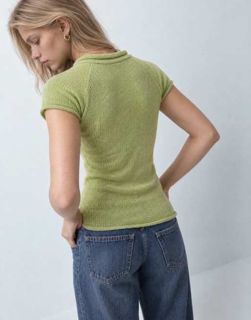 COLLUSION funnel neck knitted cardigan in green, 8 of 9