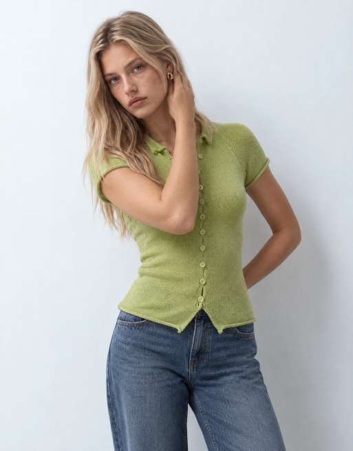 COLLUSION funnel neck knitted cardigan in green, 9 of 9