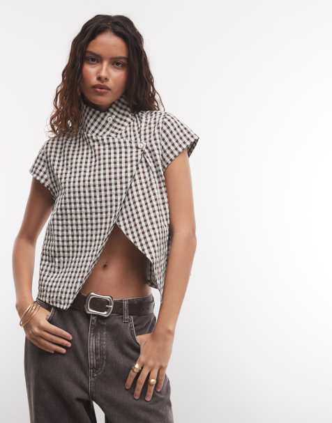 COLLUSION funnel neck open shirt in sage check - view 1