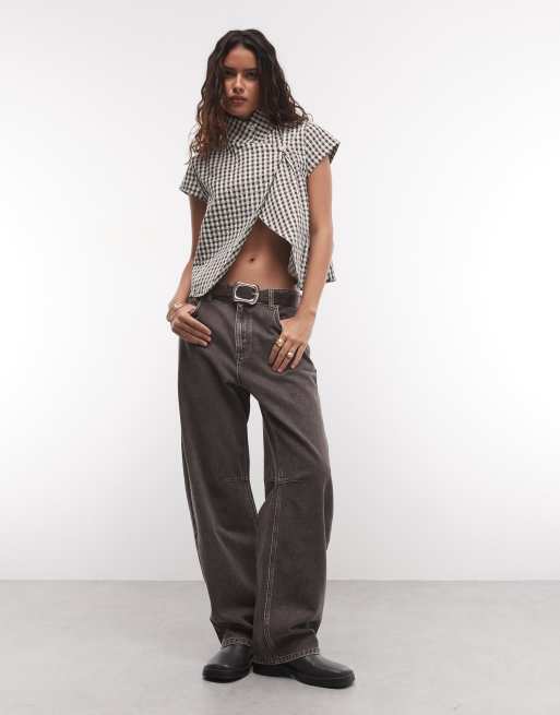 COLLUSION funnel neck open shirt in sage check, 2 of 4