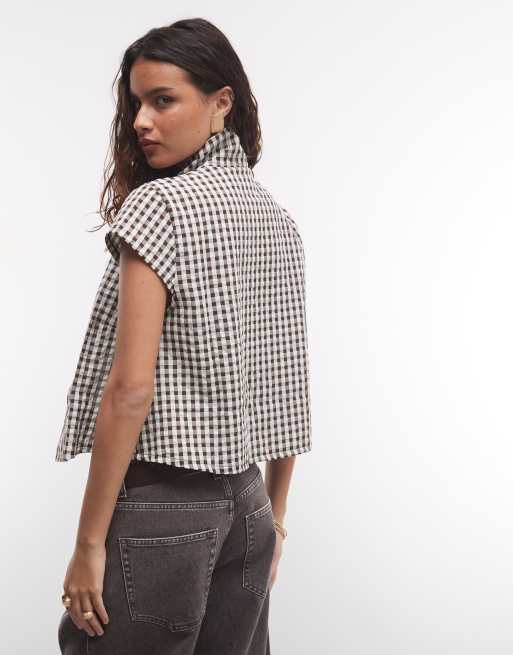 COLLUSION funnel neck open shirt in sage check, 4 of 4