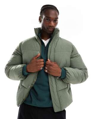 funnel neck ripstop padded puffer jacket in khaki-Green