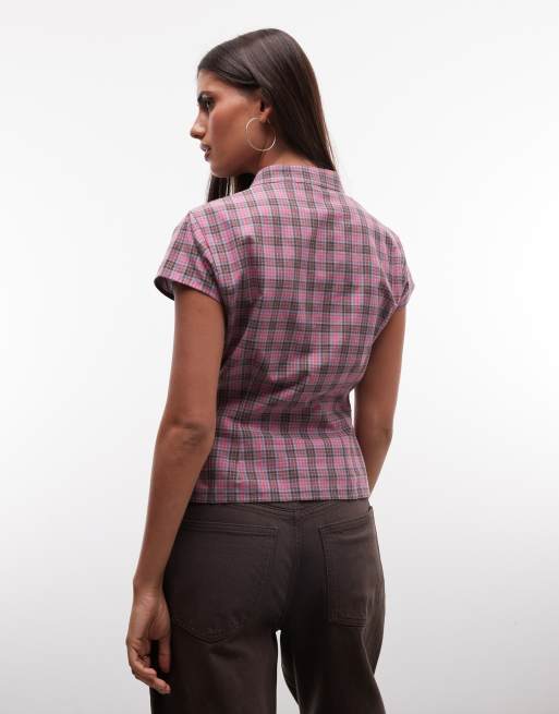 COLLUSION funnel neck shirt in red check, 4 of 4