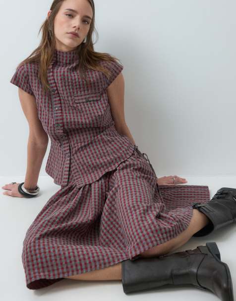 COLLUSION funnel neck shirt in red & gray check - view 1