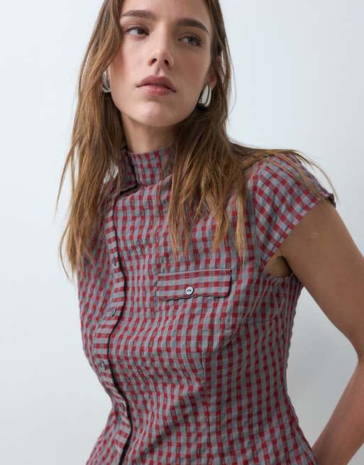 COLLUSION funnel neck shirt in red & gray check, 3 of 4