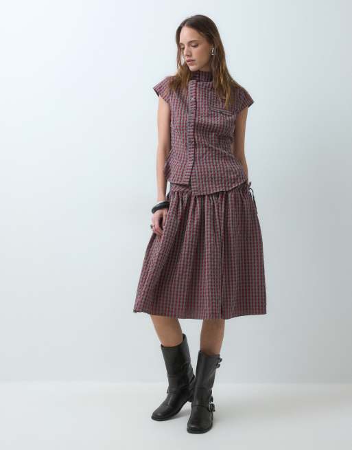 COLLUSION funnel neck shirt in red & grey check, 2 of 4