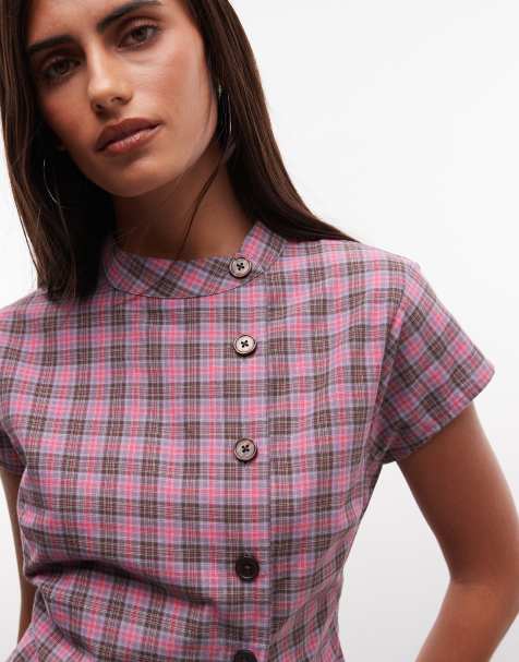 COLLUSION funnel neck shirt in red plaid - view 1