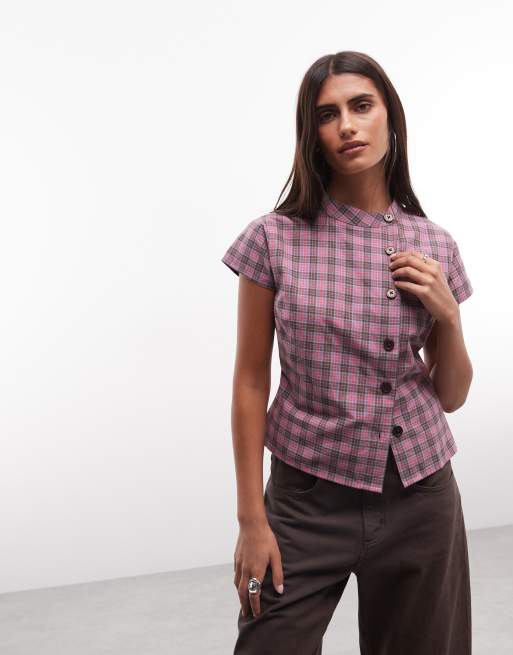 COLLUSION funnel neck shirt in red plaid, 3 of 4