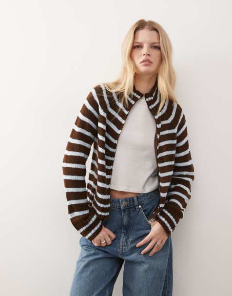COLLUSION funnel neck stripe raglan knitted zip through in chocolate brown and blue - view 1