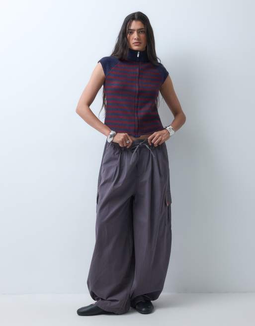 COLLUSION funnel neck stripe zip through cardigan in navy, 2 of 9