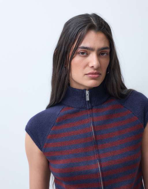COLLUSION funnel neck stripe zip through cardigan in navy, 4 of 9