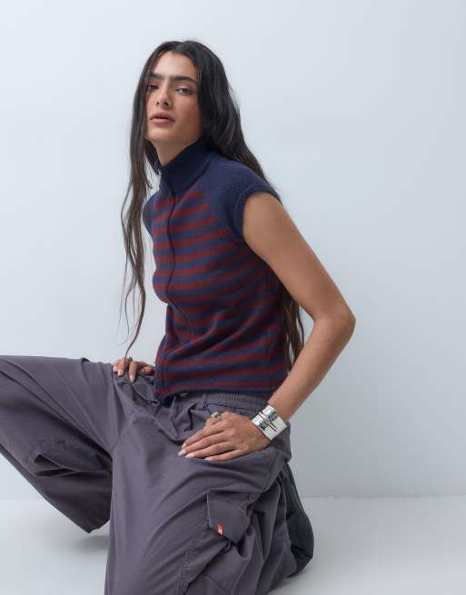 COLLUSION funnel neck stripe zip through cardigan in navy, 5 of 9