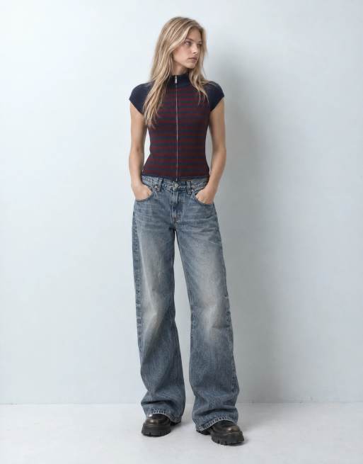 COLLUSION funnel neck stripe zip through cardigan in navy, 7 of 9