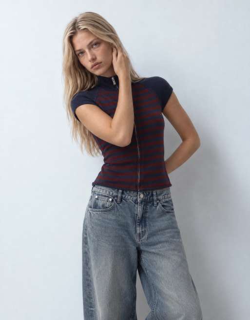 COLLUSION funnel neck stripe zip through cardigan in navy, 9 of 9