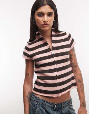 Collusion Funnel Neck Striped Cardigan In Pink