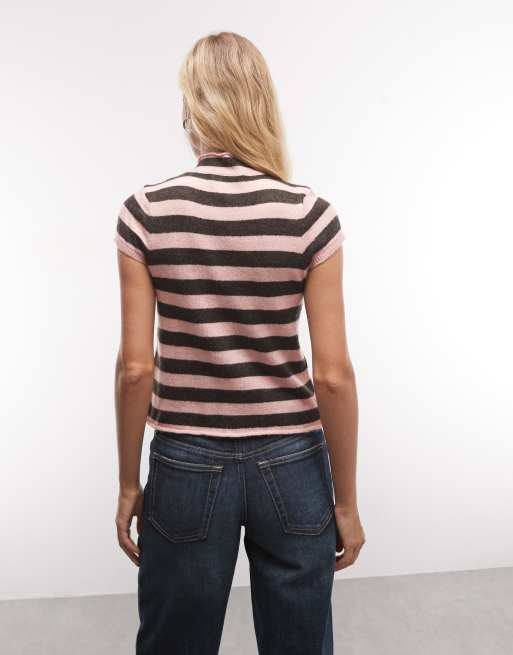 COLLUSION funnel neck striped cardigan in pink and brown, 4 of 4