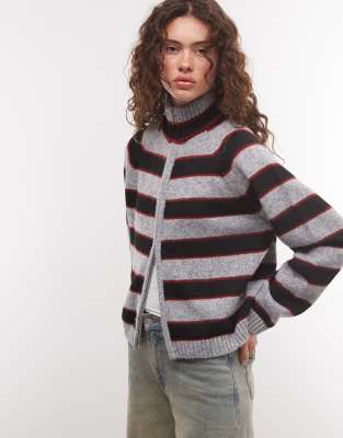 Collusion Funnel Neck Zip-front Sweater In Gray