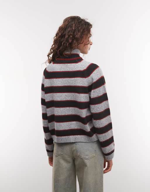 COLLUSION funnel neck zip-front sweater in gray & black stripe, 4 of 4