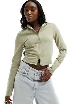 funnel neck zip long sleeve sweat in stone-Neutral