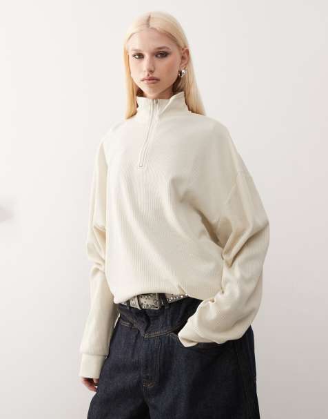 COLLUSION funnel neck zip sweat in almond milk - view 1