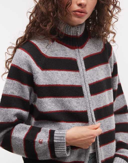 COLLUSION funnel neck zip through jumper in grey & black stripe, 3 of 4