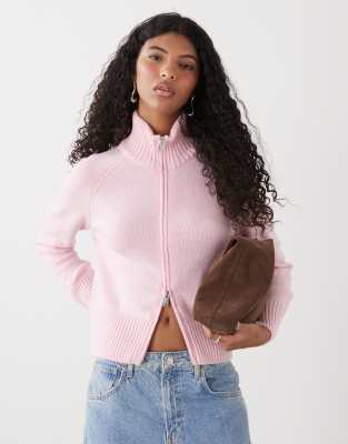 COLLUSION funnel neck zip through raglan cardigan in pink