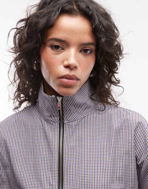 COLLUSION funnel neck zip through shirt in blue check, 3 of 4