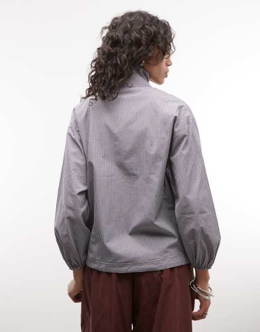 COLLUSION funnel neck zip through shirt in blue check, 4 of 4