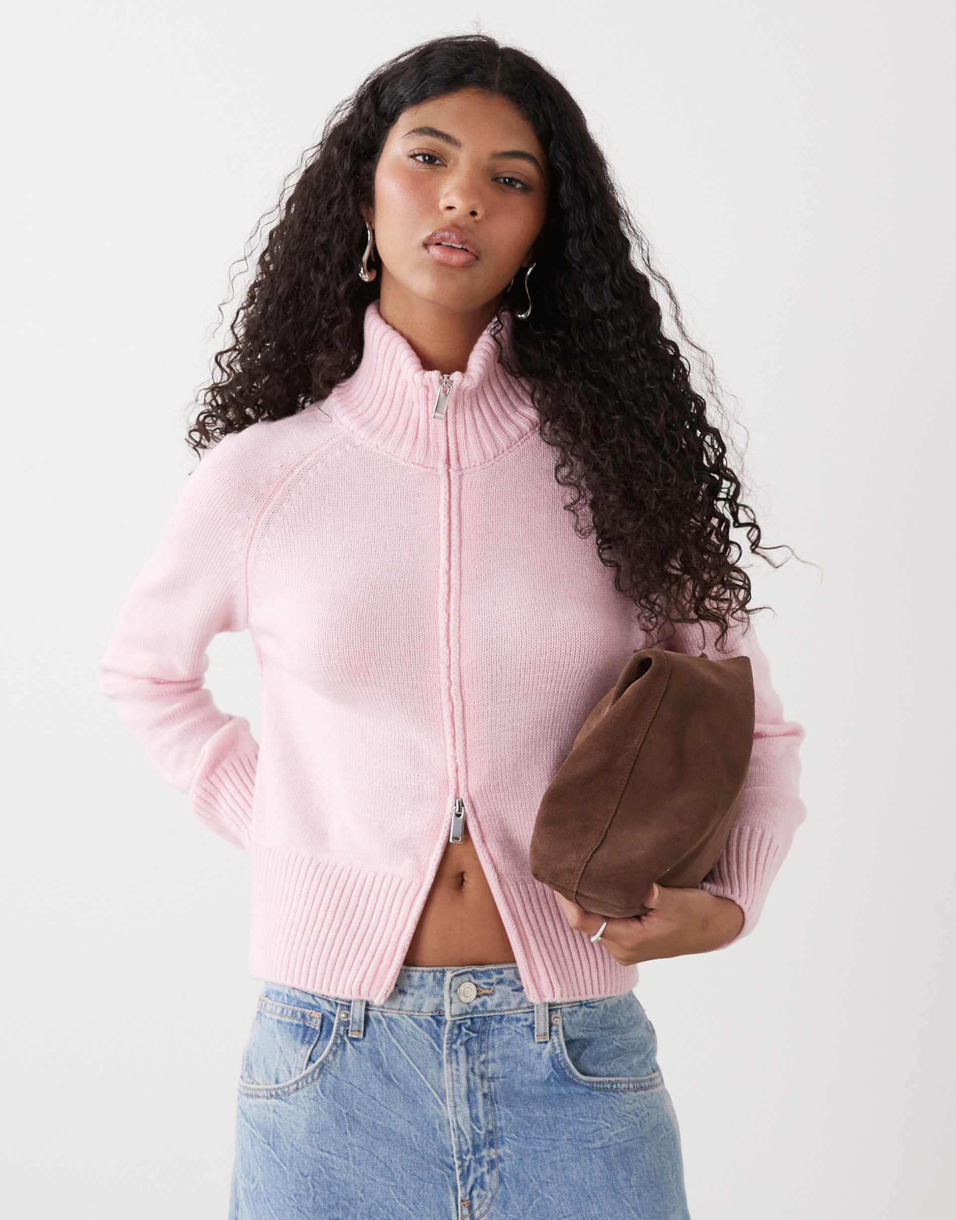 collusion funnel neck zip up raglan cardigan in pink