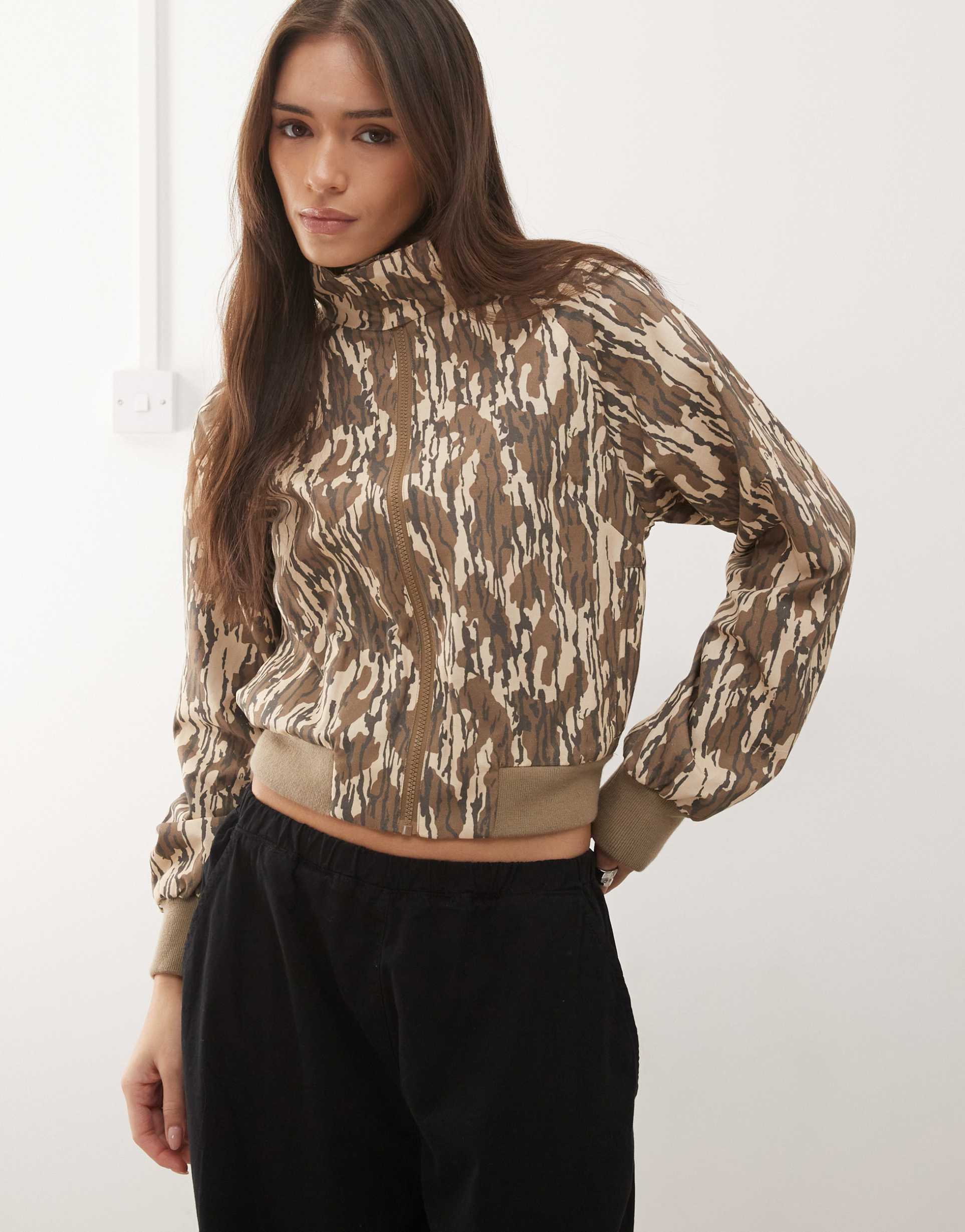 collusion funnel neck zip up track jacket in camo print