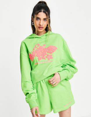 COLLUSION fuzzy hawaiian print oversized hoodie co-ord in green