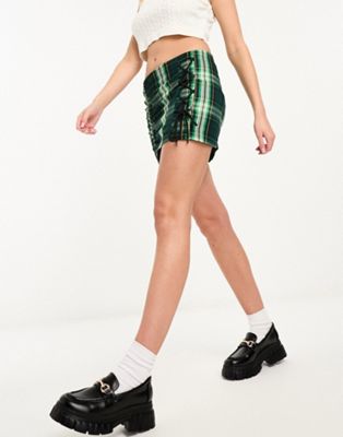 COLLUSION gathered lace up mini skirt in green check co-ord