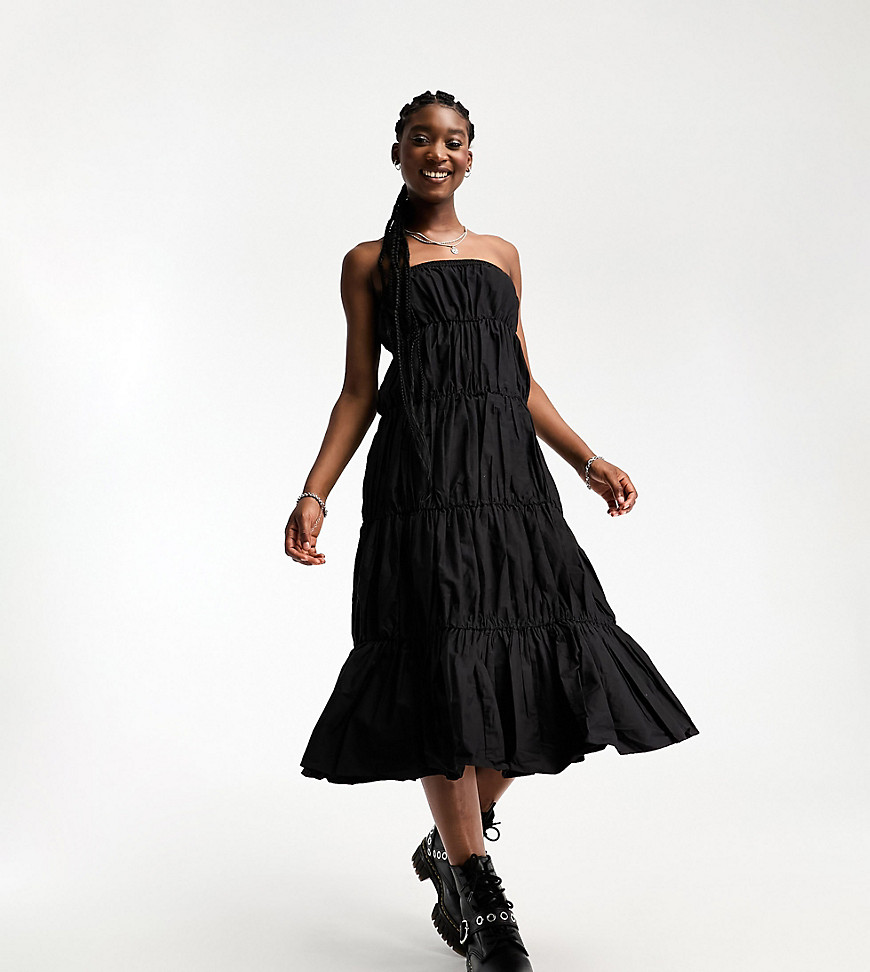 COLLUSION gathered tiered bandeau midi dress in black