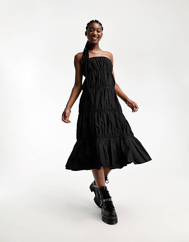 Collusion - gathered tiered bandeau midi dress in black