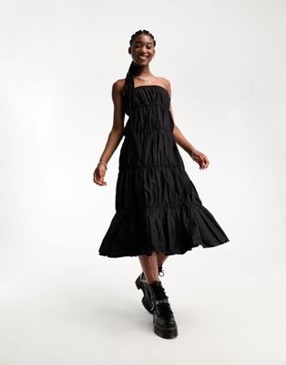 COLLUSION gathered tiered bandeau midi dress in black