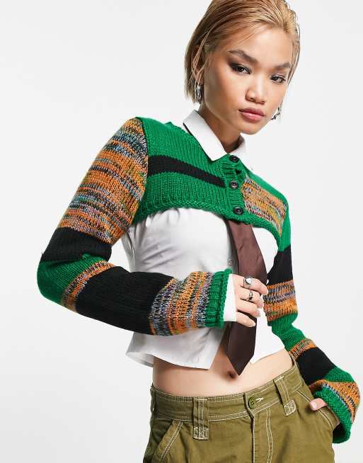 COLLUSION - Gebreid, cropped vest met patchwork in groen
