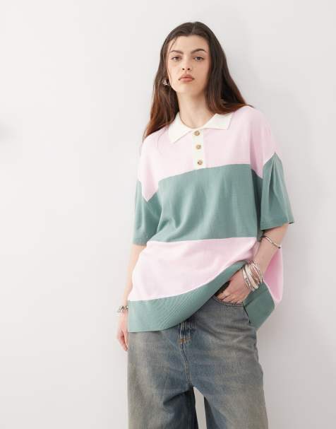 COLLUSION - Gebreid gestreept rugbyshirt in roze en groen - view 1